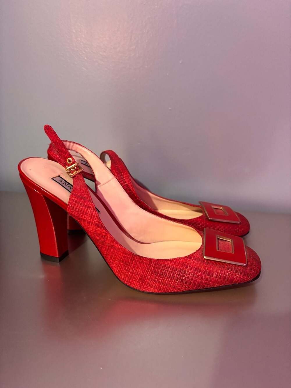 Anne Klein New York Red Woven Slingback Block Heels with Square Buckle Women’s 8